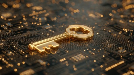 A close-up view presents a gold key placed on a circuit board, hinting at access or protection in a digital setting