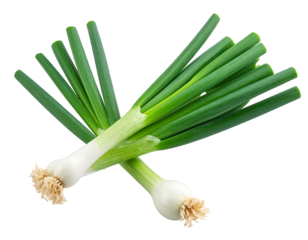 A close-up, high-angle view showcases two fresh green onions, one partially overlapping the other, isolated against a black backdrop. The bulbs are white and the greens are vibrant