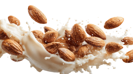 Almonds falling into fresh milk creating a splash dynamic food photography healthy snack concept isolated on white background