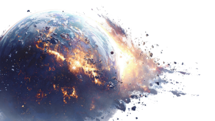 Massive blast in space with colorful explosion cosmic energy and debris isolated on white background for science visualization