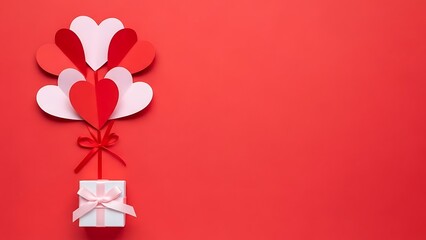 Valentine's day gift box with heart balloons on red background
