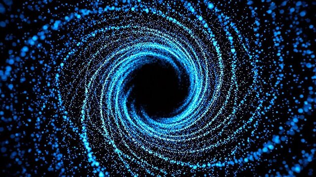 Swirling blue particles form a mesmerizing vortex in a dark environment from a top-down viewpoint