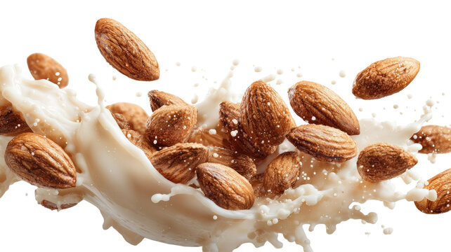 Almonds falling into fresh milk creating a splash dynamic food photography healthy snack concept isolated on white background - Powered by Adobe