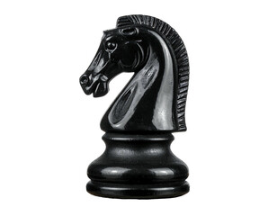 A close-up shot of a glossy black chess knight piece, isolated on a black background, with detailed carving