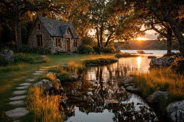 Fototapeta premium A small rustic wooden cabin by a meadow lake bathed in golden hours