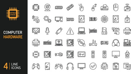 Set of computer hardware line icons with editable stroke including monitor, cpu, mouse, and keyboard symbols for technology design. © Fuad Creatives 