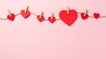 Red hearts hanging on a string with wooden clips on a pink background