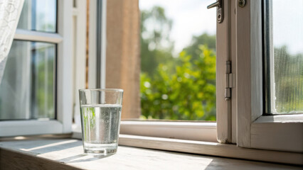 Intermittent Fasting Success Concept. bright window with soft daylight illuminating glass of water on sill creates refreshing atmosphere