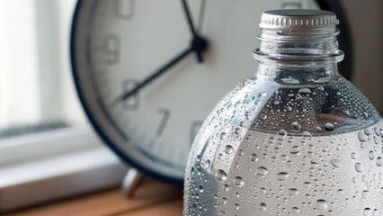Intermittent Fasting Success Concept. Clear water bottle with condensation beside minimal clock, creating refreshing atmosphere