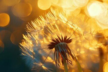 A dandelion with a vibrant yellow center and fluffy white petals stands tall against the backdrop of a warm sunset, casting a soft glow on the surrounding landscape.