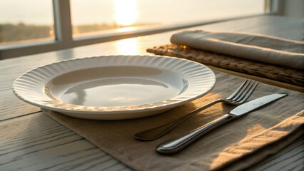 Intermittent Fasting Success Concept. serene morning light illuminates empty plate and cutlery, creating calm atmosphere