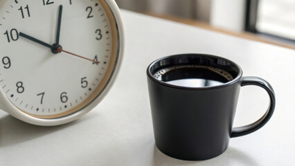 Intermittent Fasting Success Concept. modern analog clock and black coffee cup create serene morning scene, perfect for relaxation