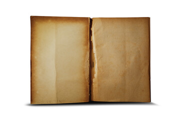 Open old book with aged brown paper pages, vintage texture background for history, archive, restoration and classic design concepts