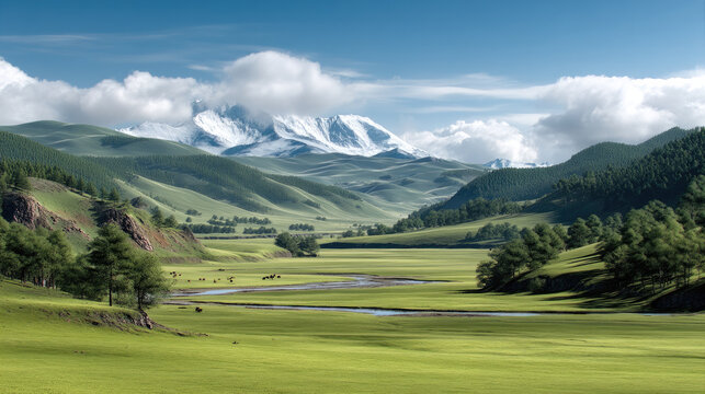 Fototapeta Snow capped mountains grassland blue sky green hills river pine tree peaceful scenic nature landscape