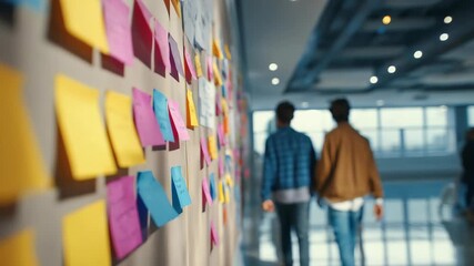 A vibrant display of sticky notes lines the wall in a bright workspace, representing project planning and collaboration. The scene captures a dynamic and productive office environment - Powered by Adobe