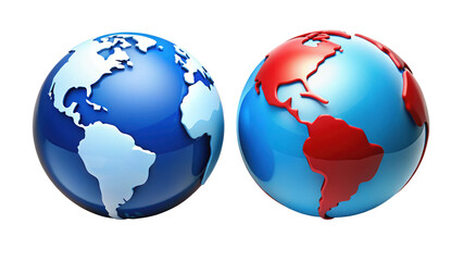 Two contrasting globes showing americas in blue and south america on fire