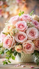 Obraz premium A lush, pale pink floral arrangement frames a romantic bouquet of fresh roses