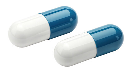 Two blue and white capsules on black background