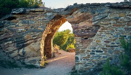 Ancient Stone Archway in a Forested Landscape with Sunlight Peeking Through.