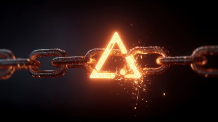 A detailed image features a glowing orange triangle within a metallic chain, with sparks. Dark backdrop