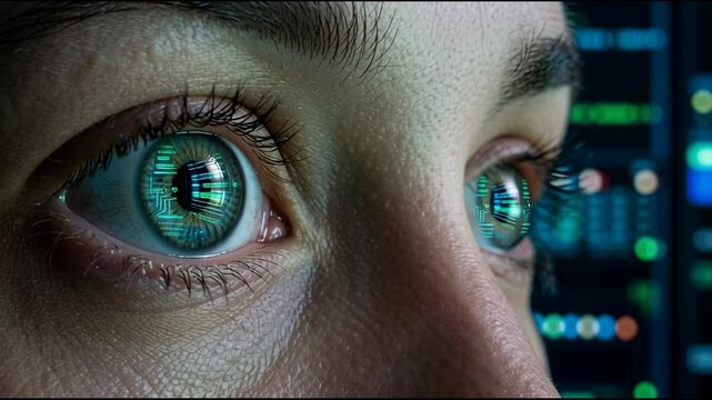 Close-up of a person's eye with a futuristic digital interface reflected in the iris, representing human technology interaction