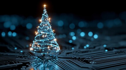 A digital Christmas tree made of light and circuits glows with an abstract background, evoking technology and holidays