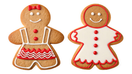 Two decorated gingerbread men on a black background