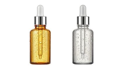 Two glass dropper bottles with yellow and clear liquid on black background