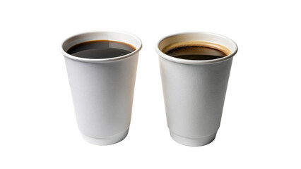 Two white paper cups of coffee on black background