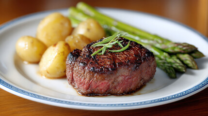 Perfectly seared steak with roasted potato and asparagus on white plate, juicy and appetizing meal for dinner enjoyment