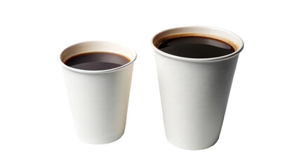 Two white paper coffee cups with dark brown liquid on black background