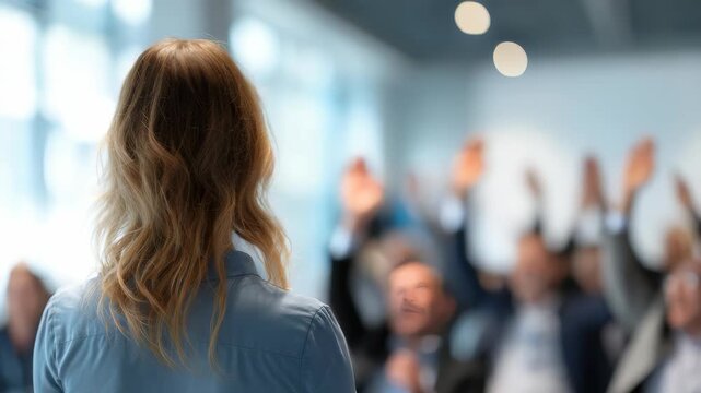 Back view of a woman delivering a presentation to a blurred audience in a contemporary conference room. The scene captures leadership, communication, and professional development themes
