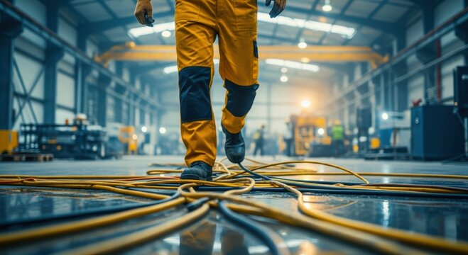 Worker in yellow uniform walks across wet factory floor. Cables scattered creating tripping hazard. Unsafe conditions exist. Industrial workplace shows maintenance issues