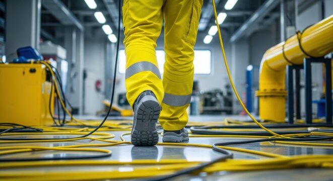 Worker in yellow uniform walks across wet factory floor. Cables scattered creating tripping hazard. Industrial workplace shows maintenance issues. Focus on safety