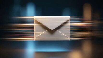 A digitally rendered, glowing envelope, centered against a blurred background of abstract light streaks. Emphasizes communication and speed