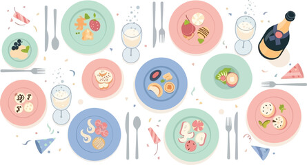 Fototapeta premium Colorful Pastel Dining Table Setting with Plates and Utensils.