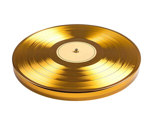 A close-up shot of a golden record, reflective with grooved surface and a light beige center. It's on a black backdrop