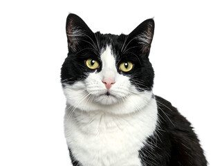 Fototapeta premium A close-up portrait of a bicolor cat, with black and white fur, looking directly at the camera against a void