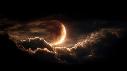A dramatic image shows a celestial event. A large, bright orb, partly obscured by dark, billowing clouds, radiates an ethereal glow