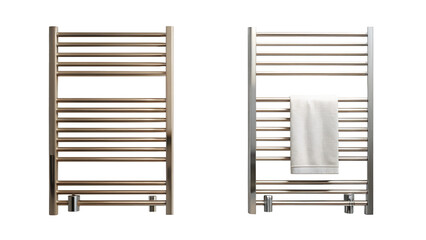 Heated towel rails with and without towel on black background