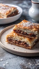 Flaky Albanian pastry crust gives way to a rich and savory filling in this traditional Balkan delight