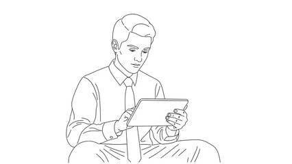 A focused young businessman sitting and looking intently at a tablet device
