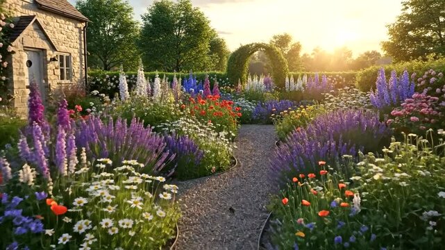 Vibrant garden pathway with blooming flowers at sunset