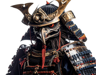 A close-up portrait of a warrior with a bird's head clad in ornate traditional armor, gold and red accents