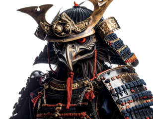 A close-up portrait of a warrior with a bird's head clad in ornate traditional armor, gold and red accents