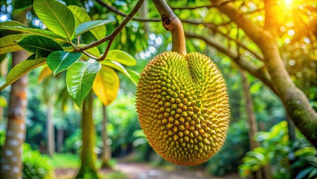 The vibrant Cempedak fruit hangs from a tree in lush tropical surroundings in Kota Kinabalu Sabah Malaysia