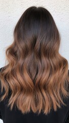 Naklejka premium Smooth Ombre Hair with Rich Caramel Waves, Back View of Stylish Medium-Length Hair for Beauty, Salon & Fashion Content