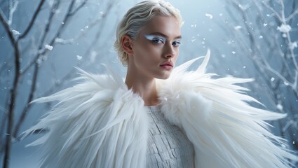 Blonde woman in dramatic white feathered coat standing in snowy forest, winter fantasy and high fashion editorial concept