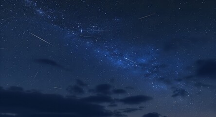 Breathtaking starry night sky with shooting stars and clouds