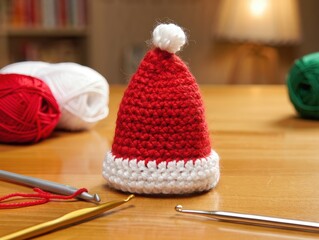 Handmade crocheted Santa hat on wooden table with yarn and hooks, DIY Christmas craft and holiday decoration concept
